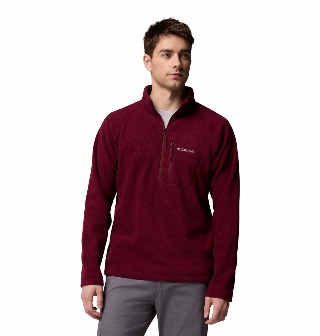 Man wearing a maroon pullover fleece with a brand logo on a white background