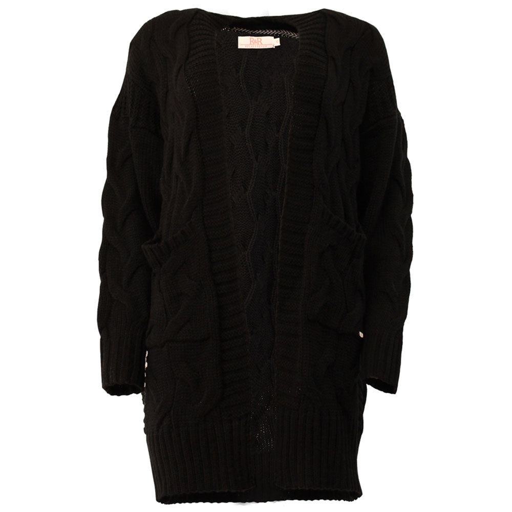Ladies Gretta Cable Cardigan - Black-Ghost Front View
