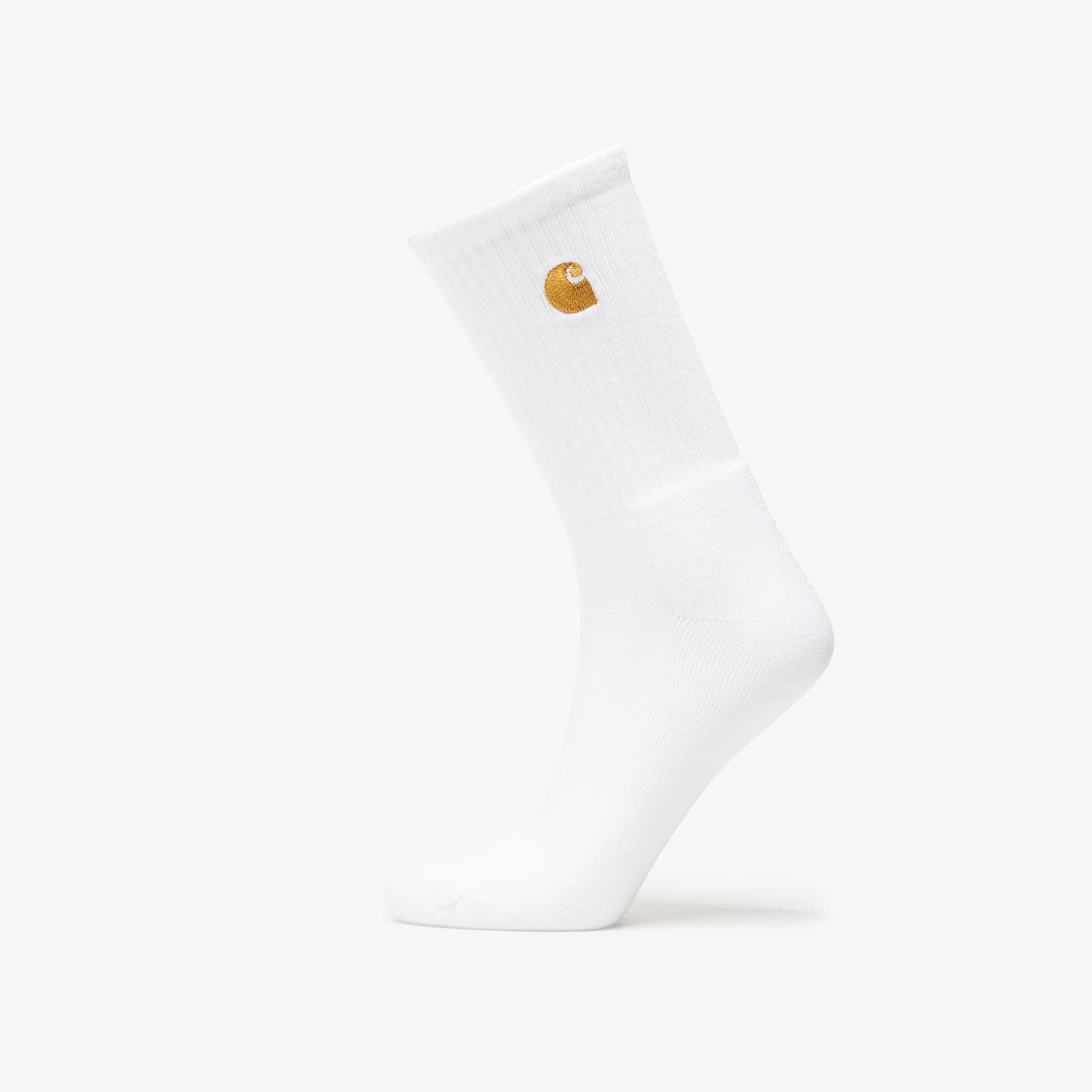 White sock with a Carhartt WIP gold logo on a white background
