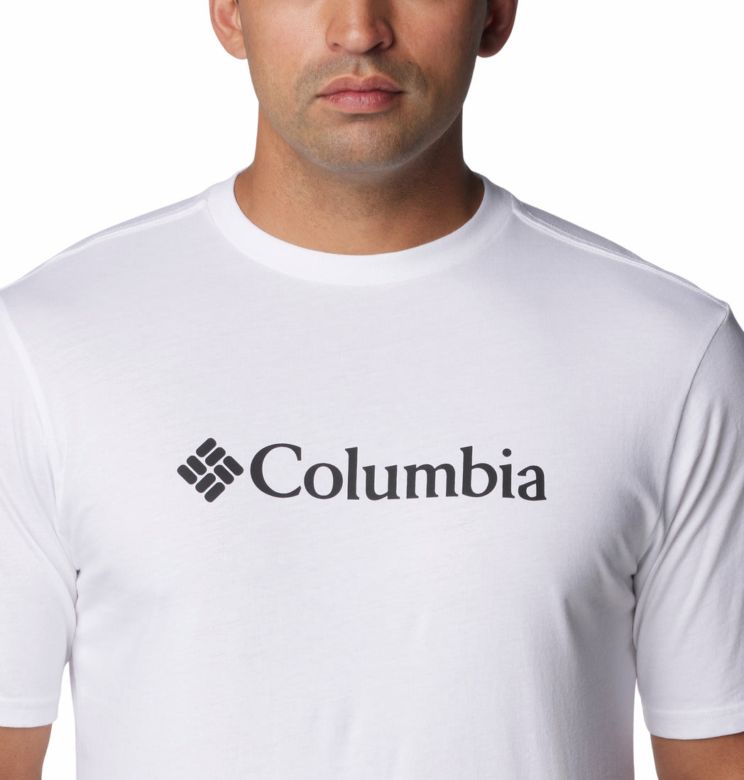 White t-shirt with Columbia logo worn by a person on a white background