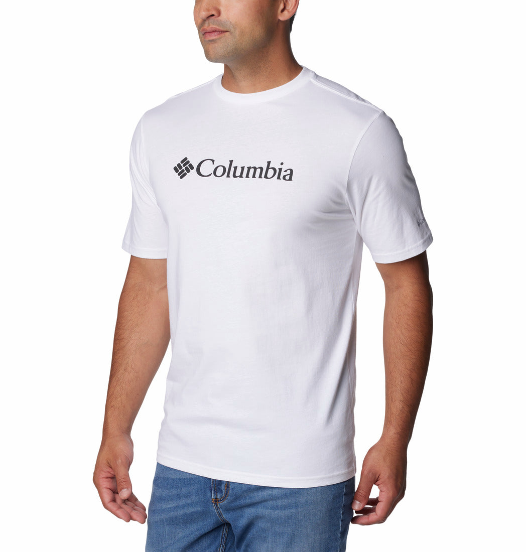 Man wearing a white Columbia t-shirt on a white background