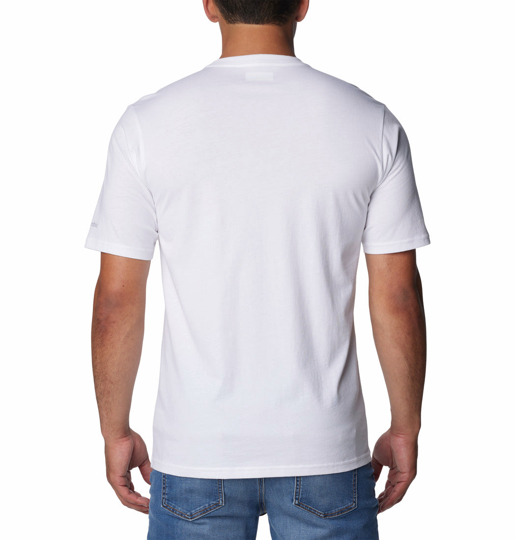 Person wearing a plain white t-shirt on a white background