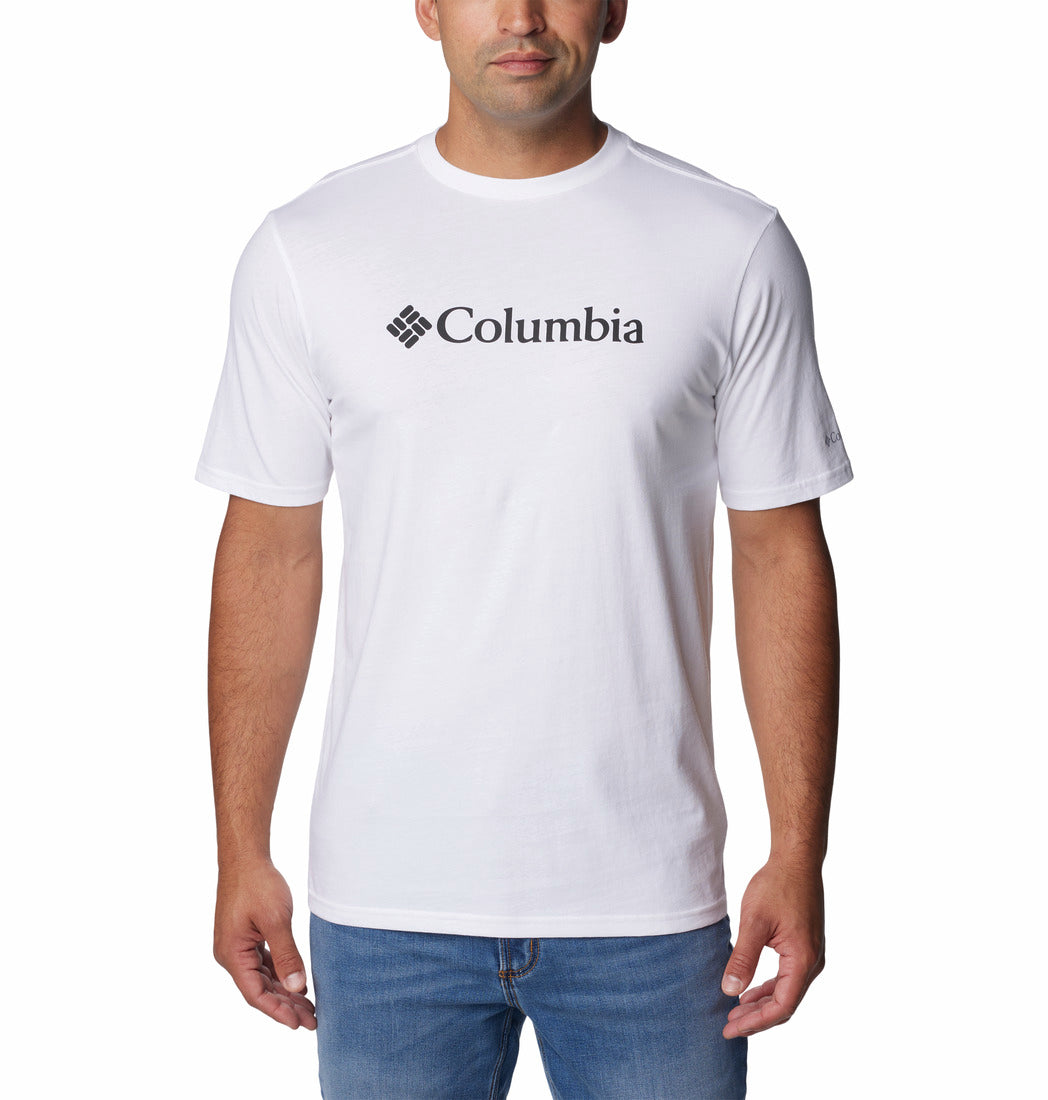 Person wearing a white Columbia t-shirt on a white background