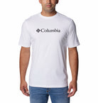 Person wearing a white Columbia t-shirt on a white background