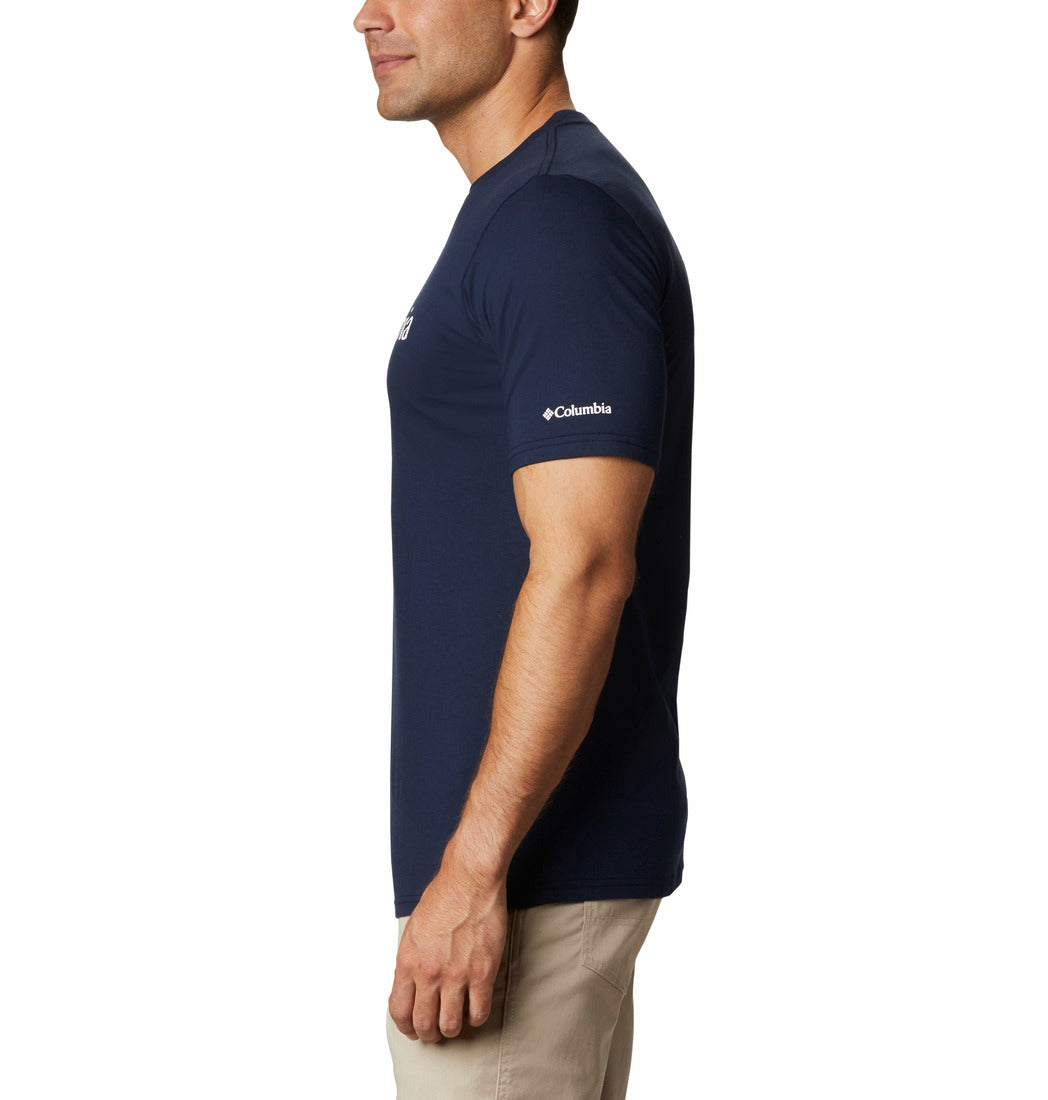 Man wearing a navy blue Columbia t-shirt on a white background