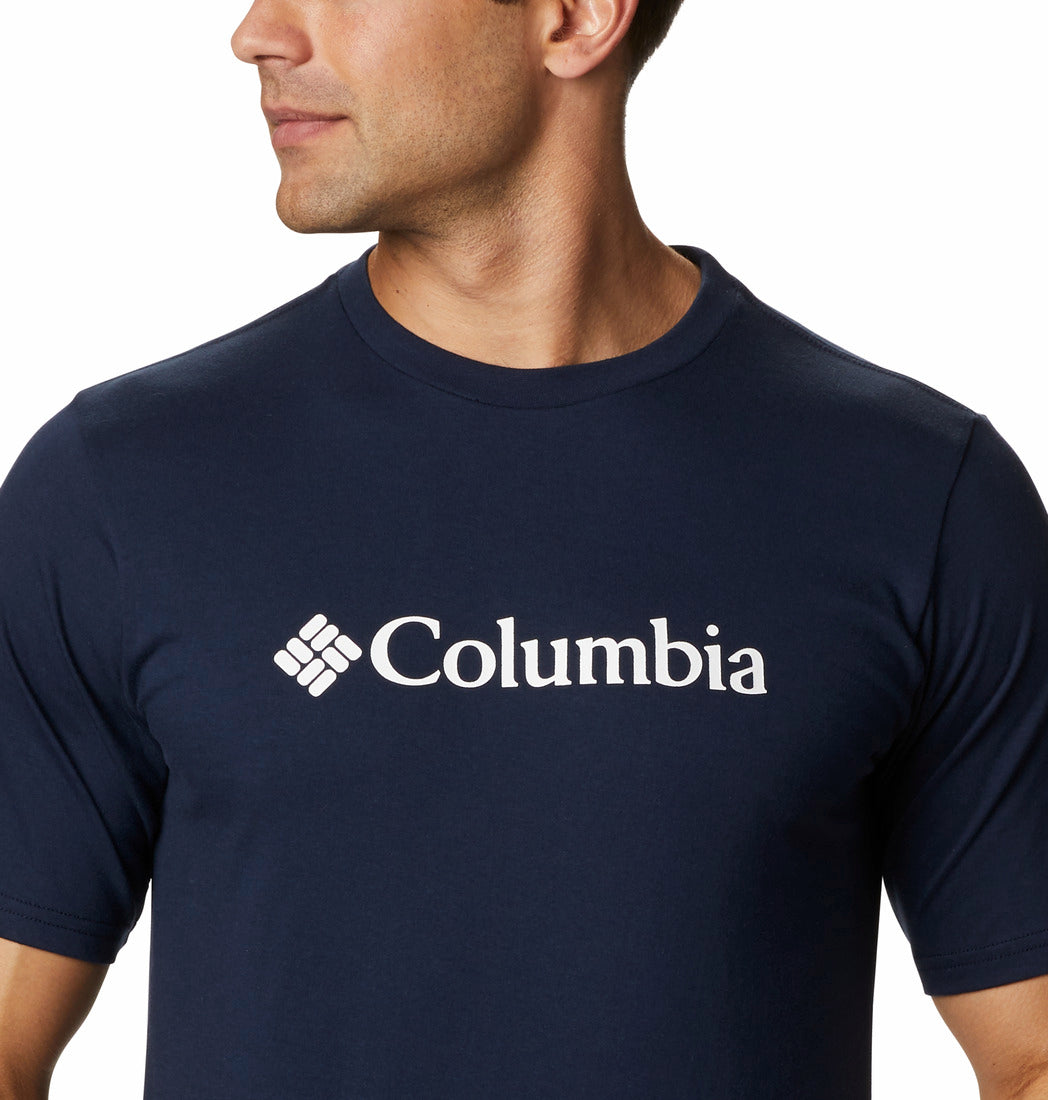 Navy blue t-shirt with Columbia logo on a white background