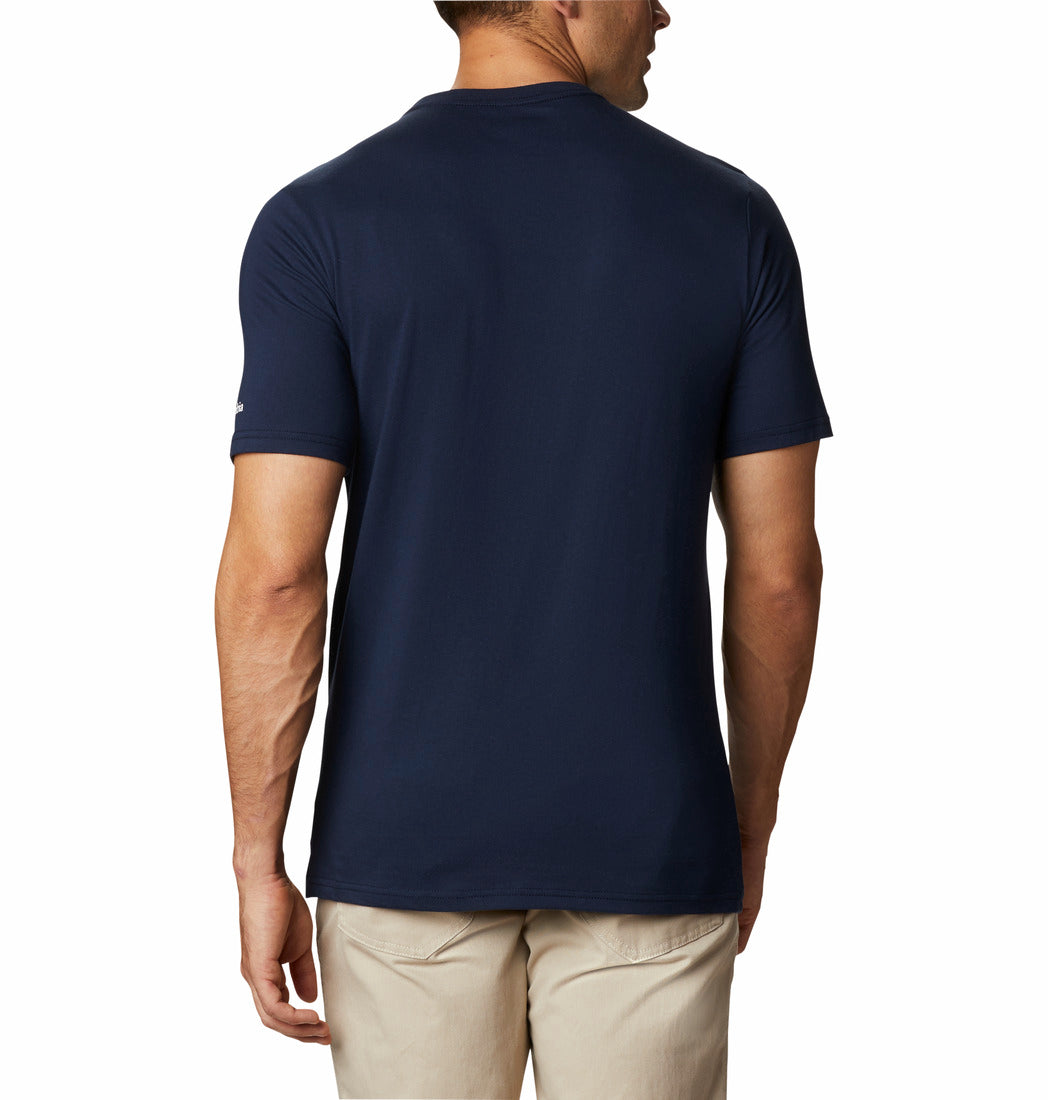 Man wearing a navy blue t-shirt on a white background