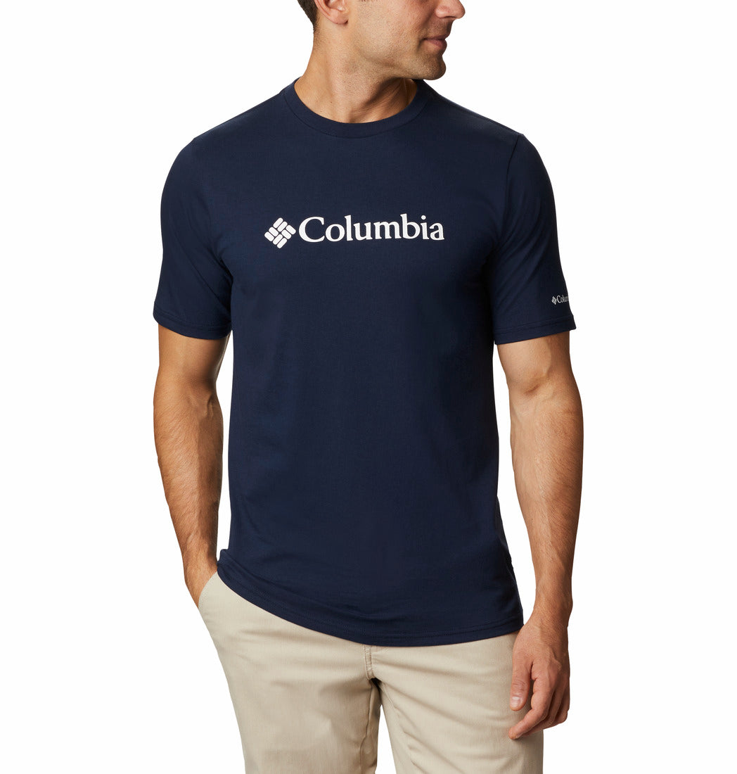 Man wearing a navy Columbia t-shirt on a white background
