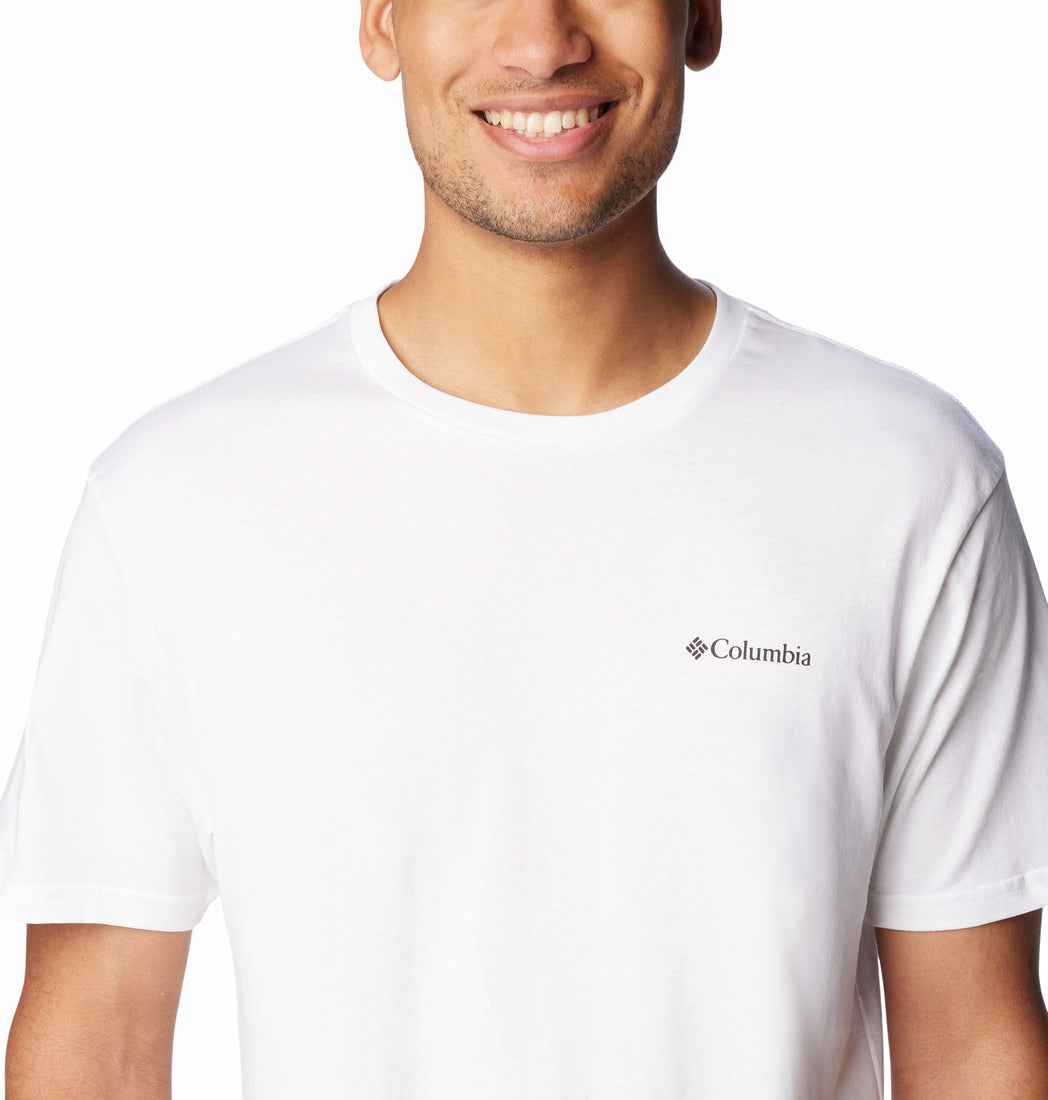 Man wearing a white Columbia t-shirt on a white background