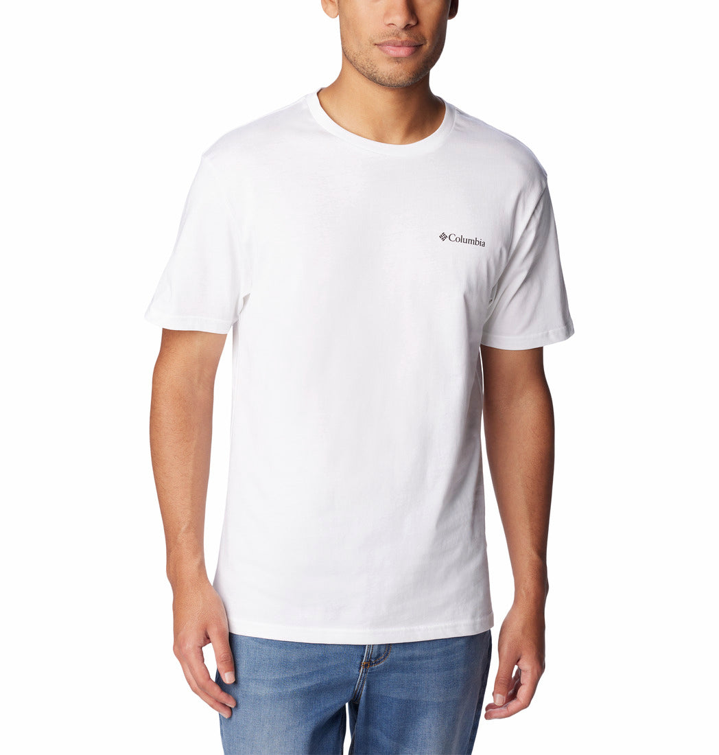 Man wearing a white t-shirt with Columbia logo on a white background
