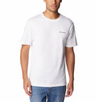 Man wearing a white t-shirt with Columbia logo on a white background