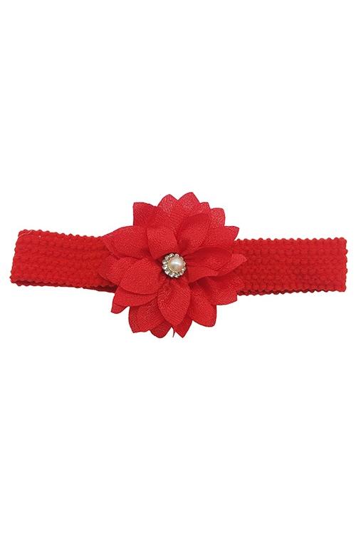 Girl's Red Web Hairband with Flower-Front View