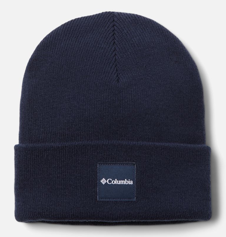 Navy blue beanie with Columbia logo on a light gray background