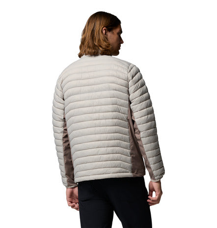 Person wearing a light gray insulated jacket on a white background