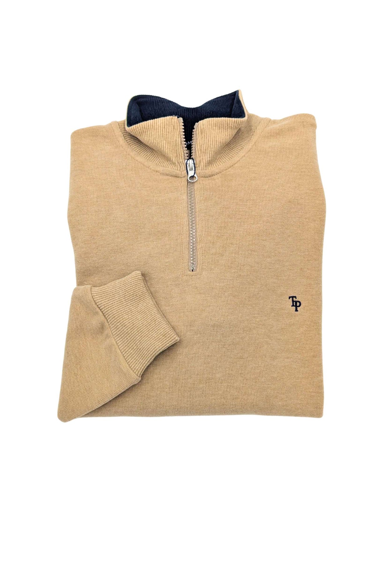 Tom Penn Tan 1/4 Zip knitwear laid flat showing the stand collar and quarter-zip fastening