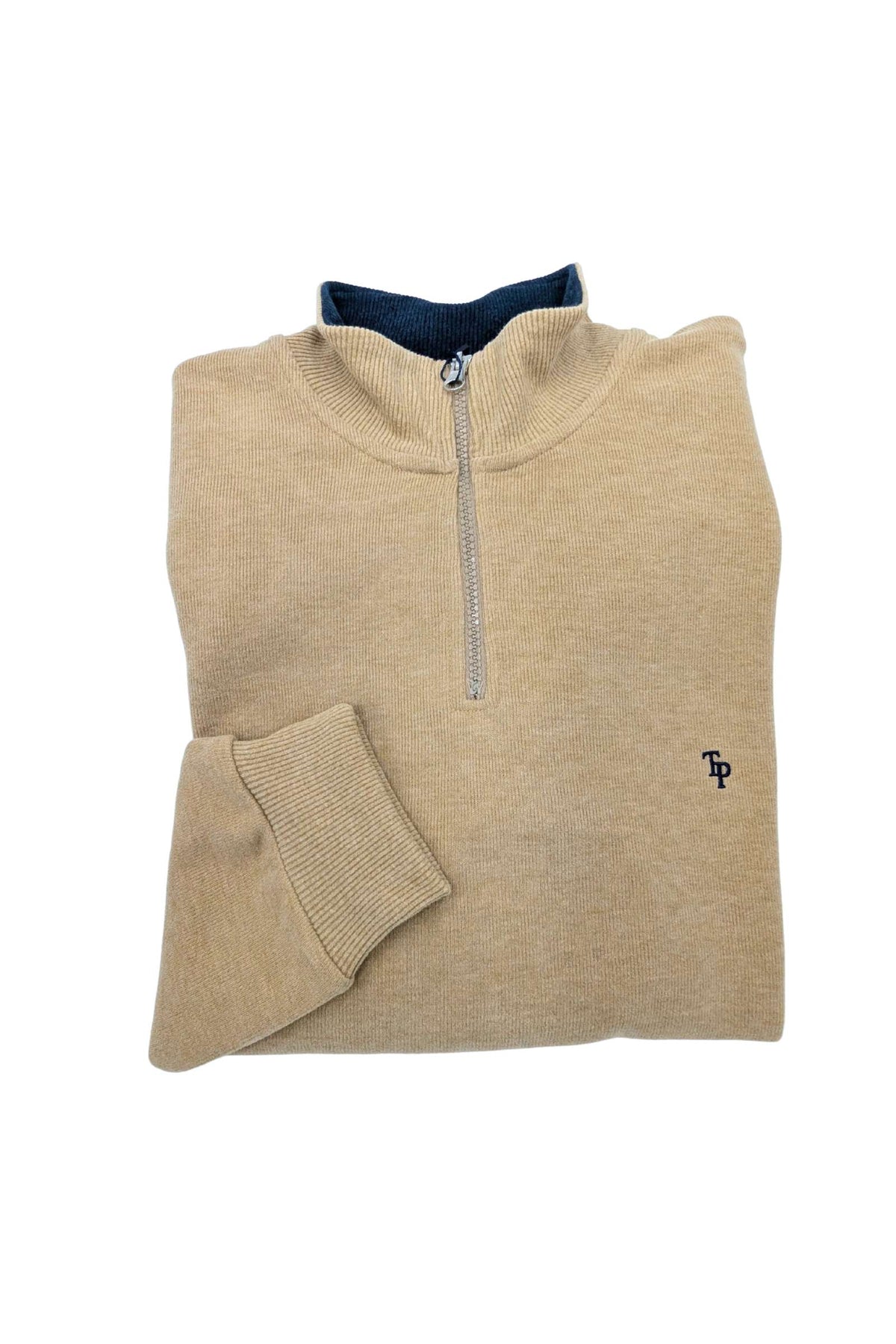 Angled flat-lay view of the Tom Penn Tan 1/4 Zip showing the collar, zip and chest logo