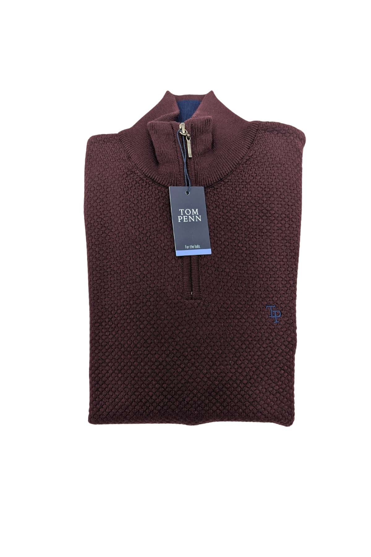 Men'sTom Penn Dark Burgundy 1/4 Zip Knit-Front View with Tom Penn Label
