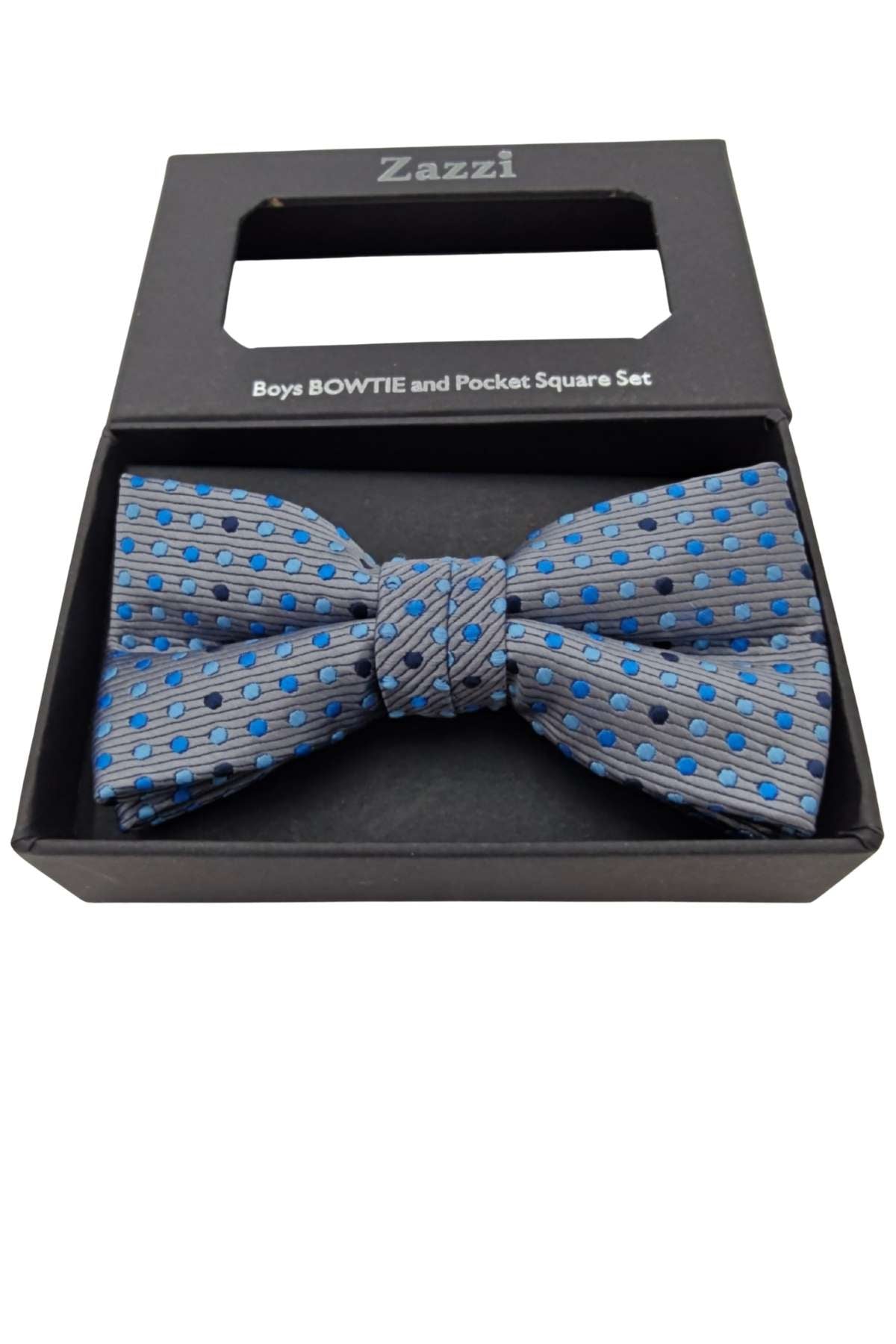 Blue polka dot bow tie in a Zazzi packaging box on a white background
