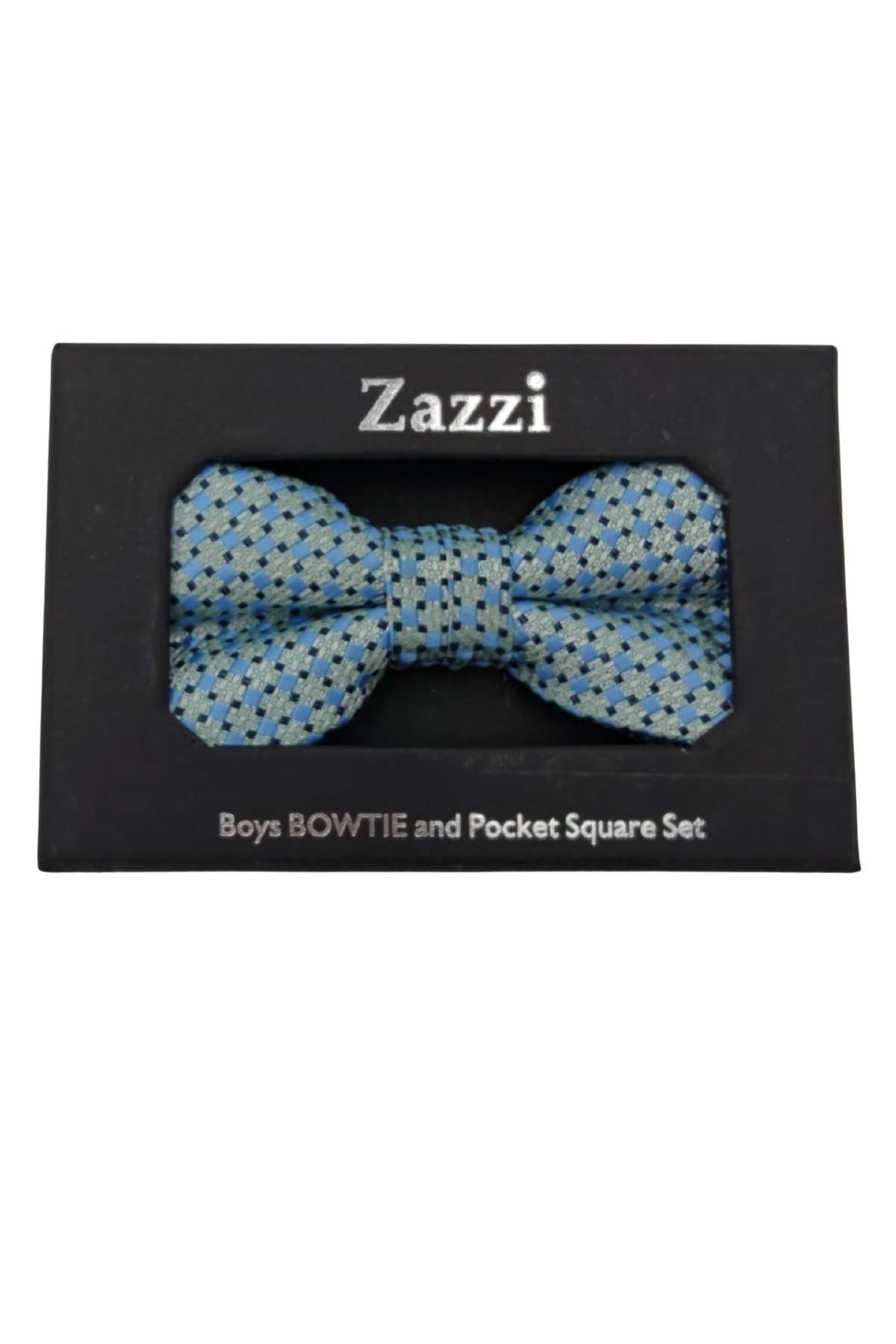 Zazzi boys bowtie and pocket square set on a black box with a white background