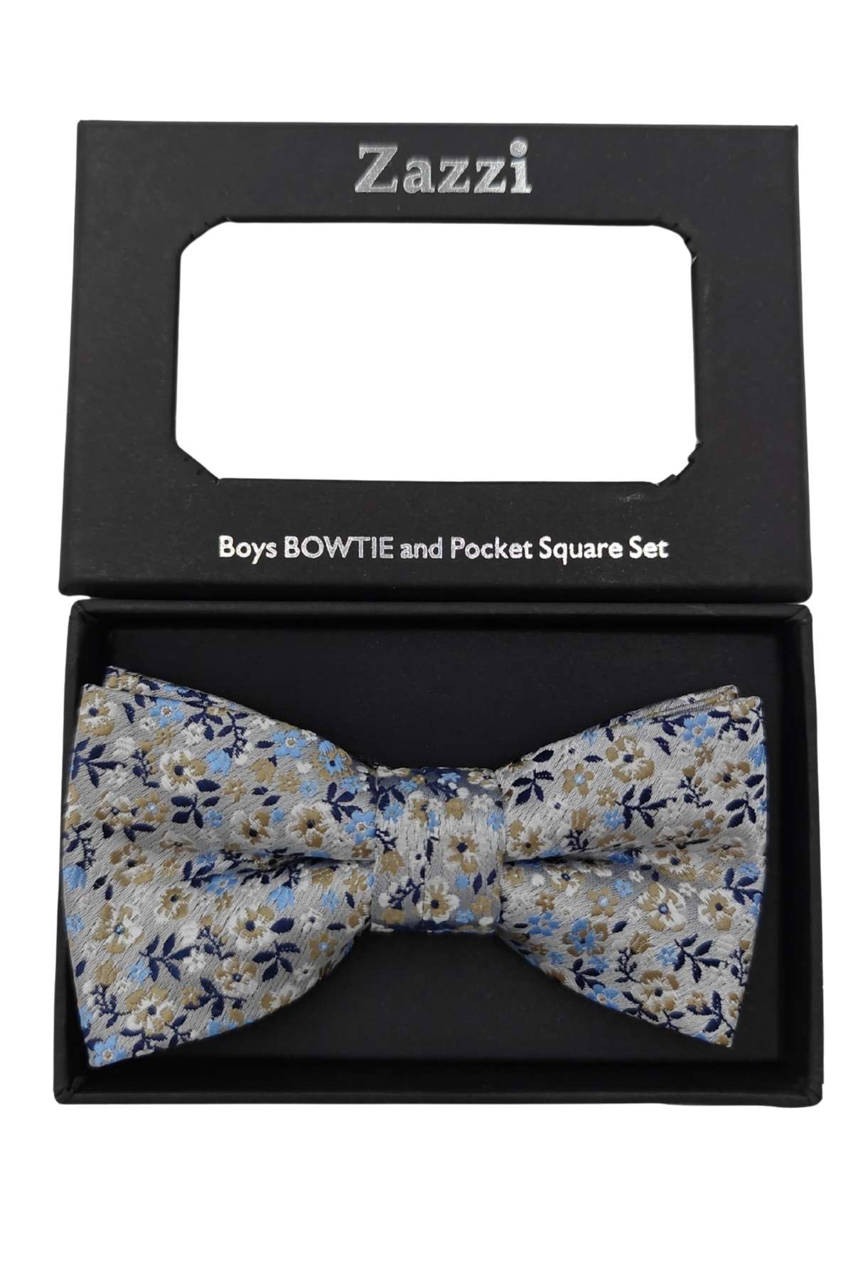 Boys Beige / Blue Floral Bow & Pocket Square-Close Up View