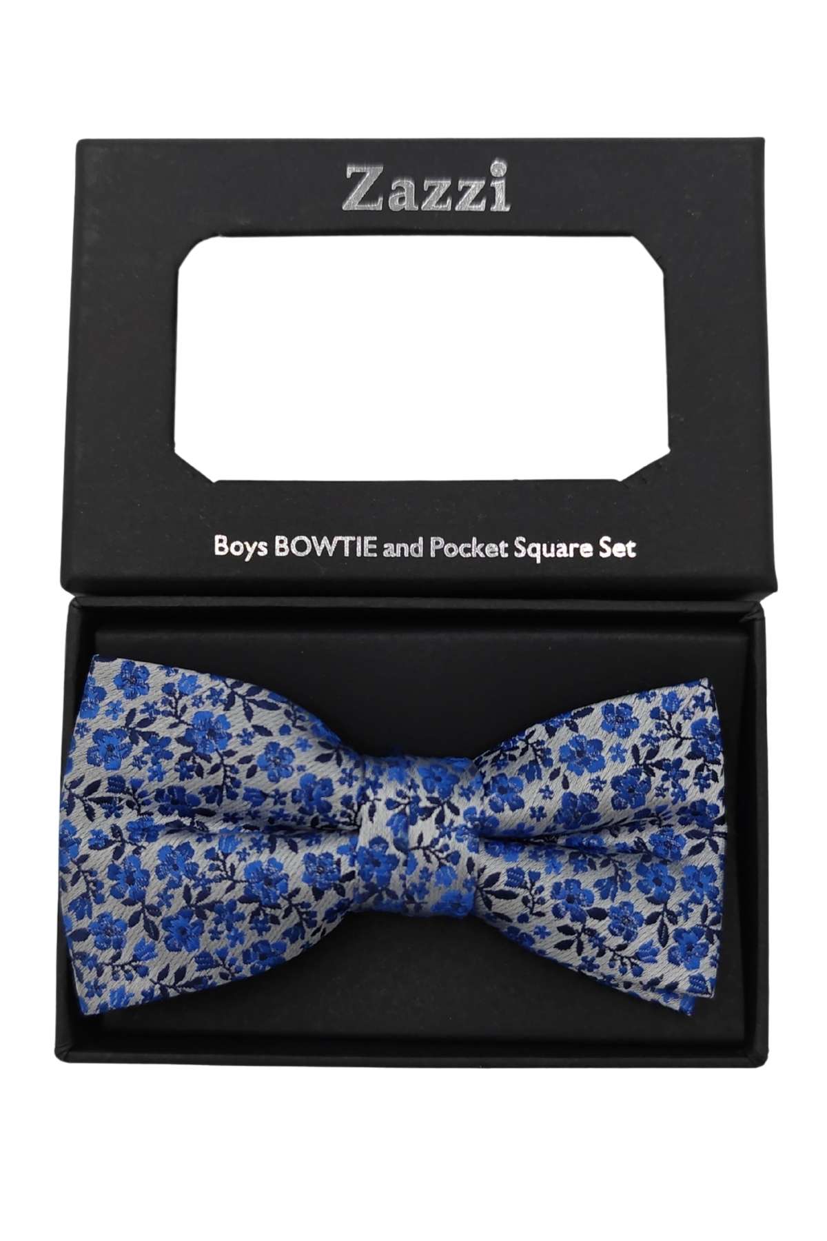 Boys Silver / Blue Paisley Bow & Pocket Square-Box Opened View