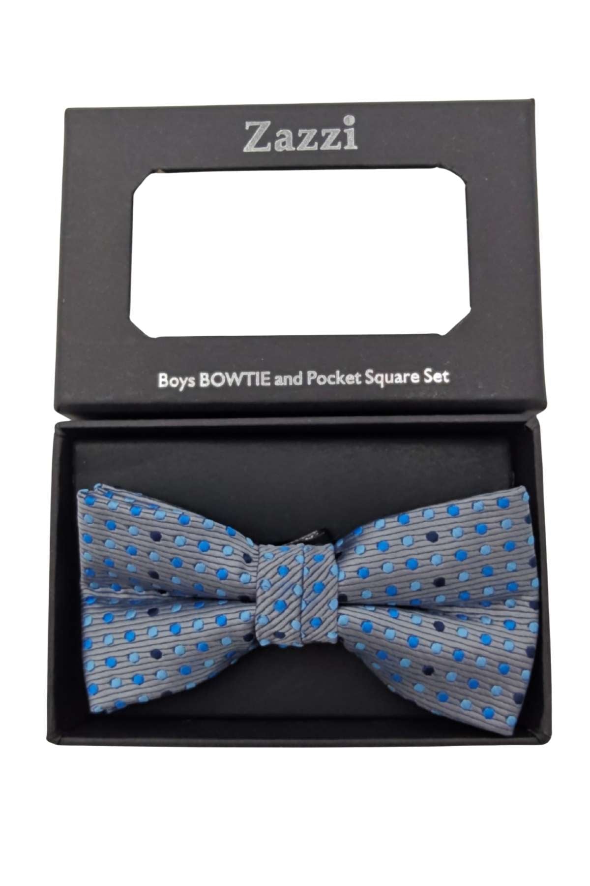 Blue patterned bow tie in a Zazzi branded box on a white background