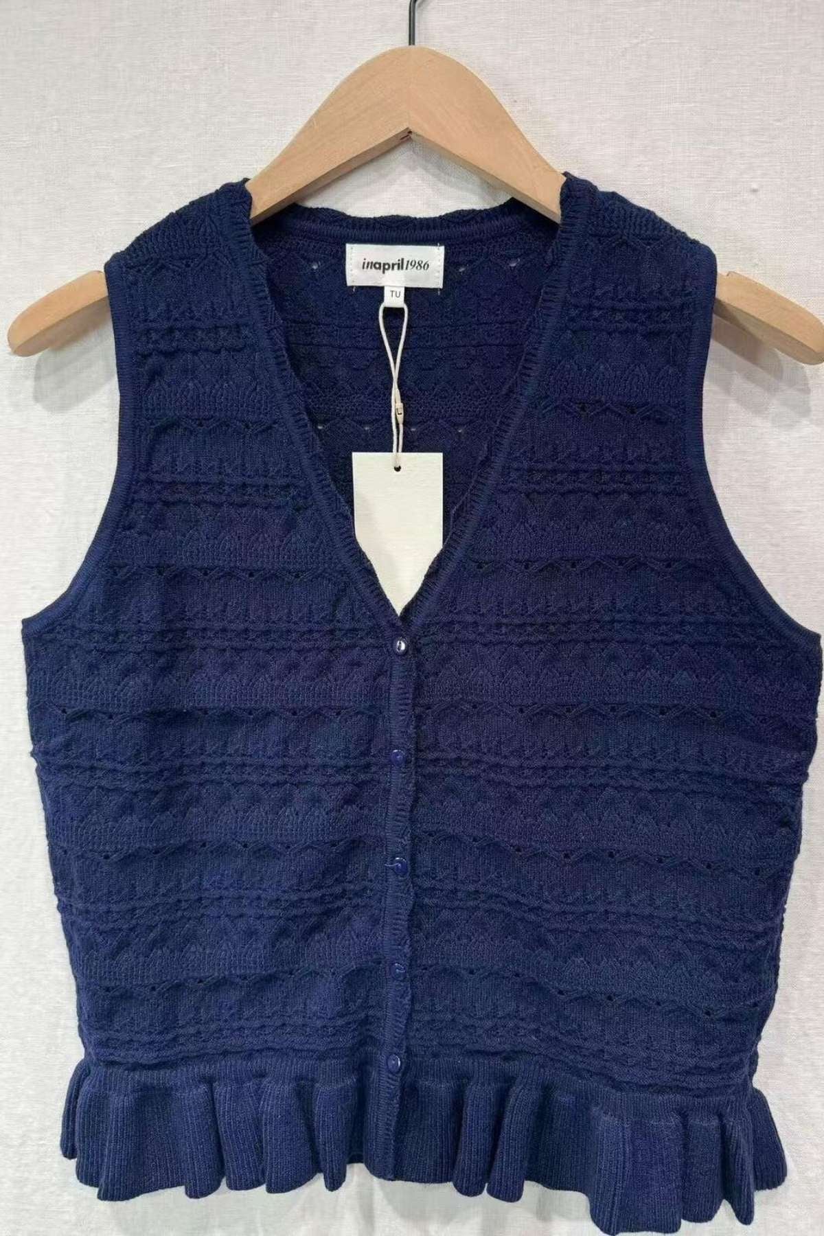 Paris Fashion Navy Embroidered V-Neck Ruffle Top Navy front view