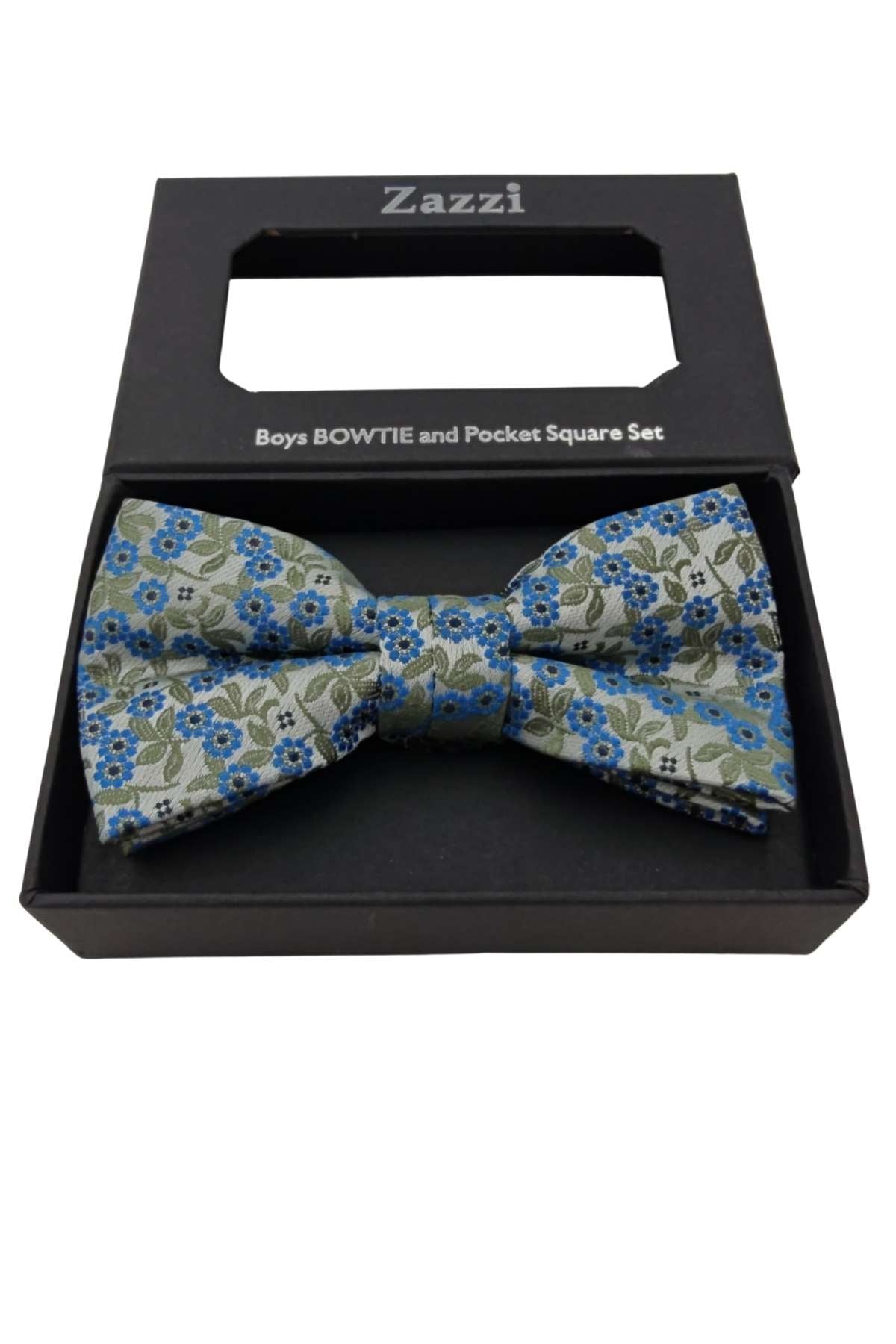 Boys Sage / Blue Bow & Pocket Square-Opened Box View