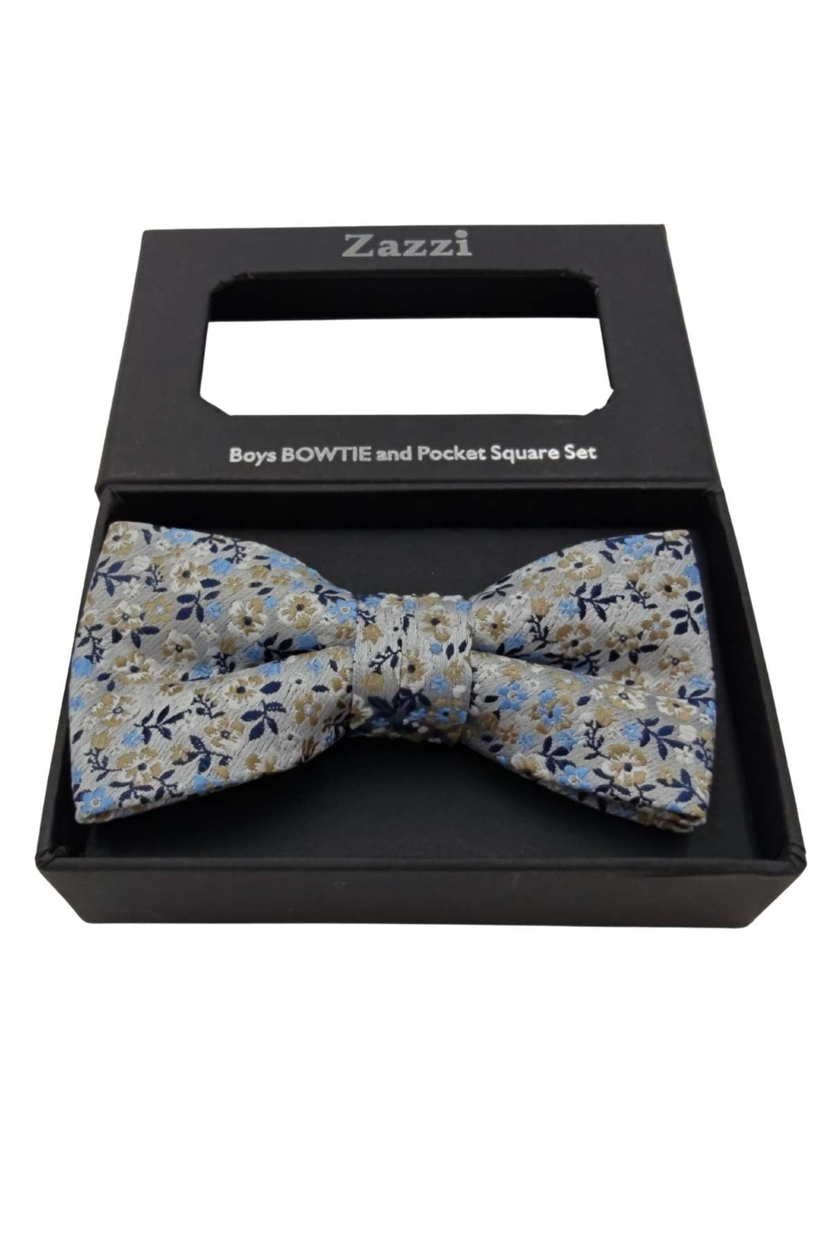 Boys Beige / Blue Floral Bow & Pocket Square-Box Opened View