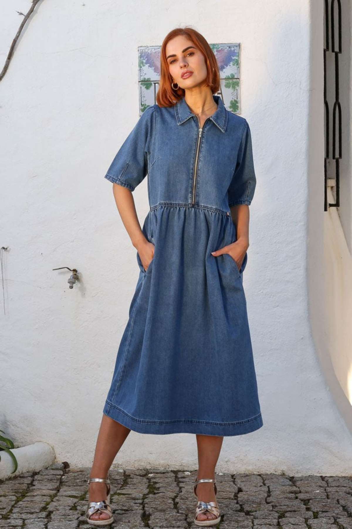 RANT & RAVE LADIES Jade Midi Blue Dress MID BLUE front view