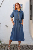 RANT & RAVE LADIES Jade Midi Blue Dress MID BLUE front view