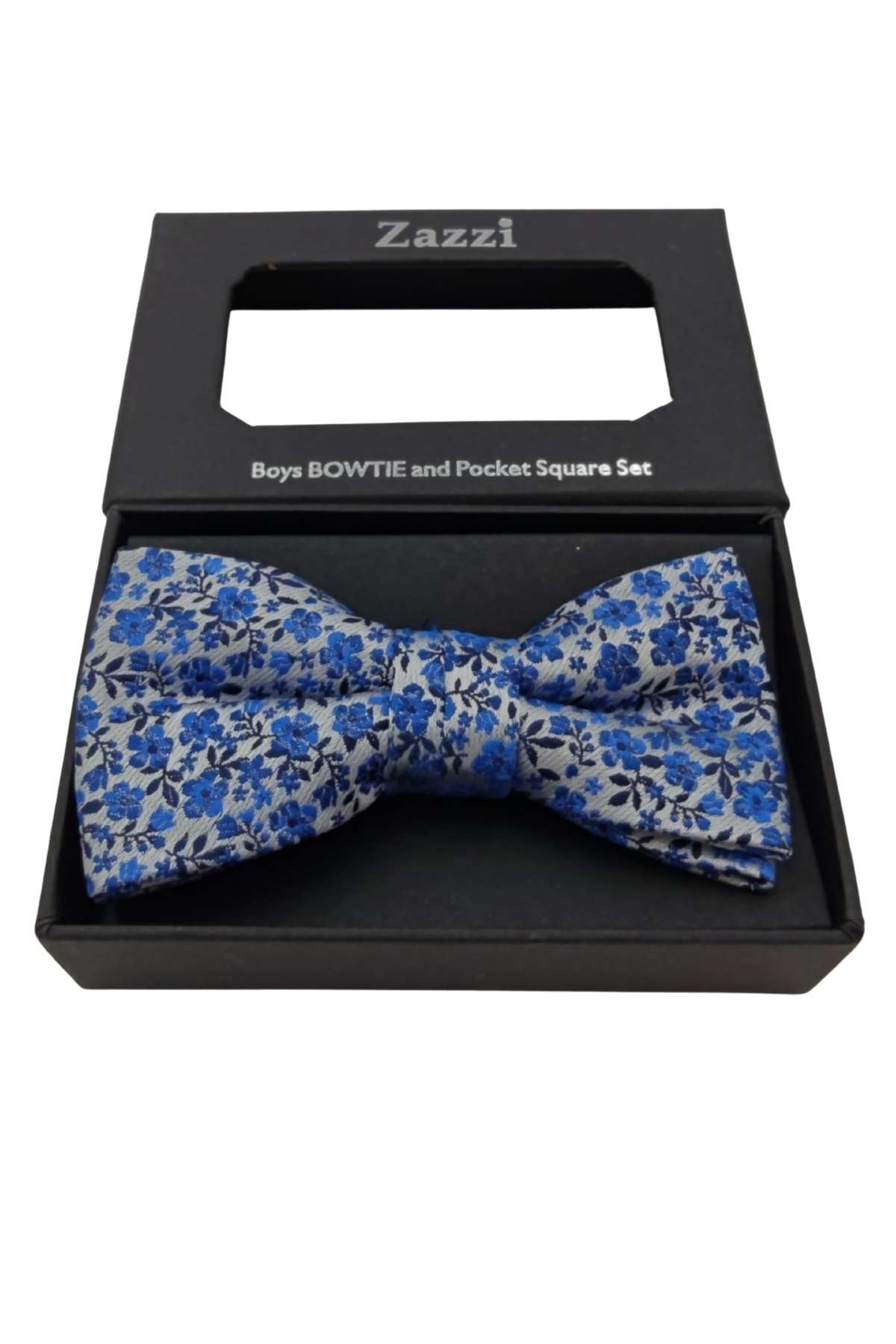 Boys Silver / Blue Paisley Bow & Pocket Square-Closer View of Front