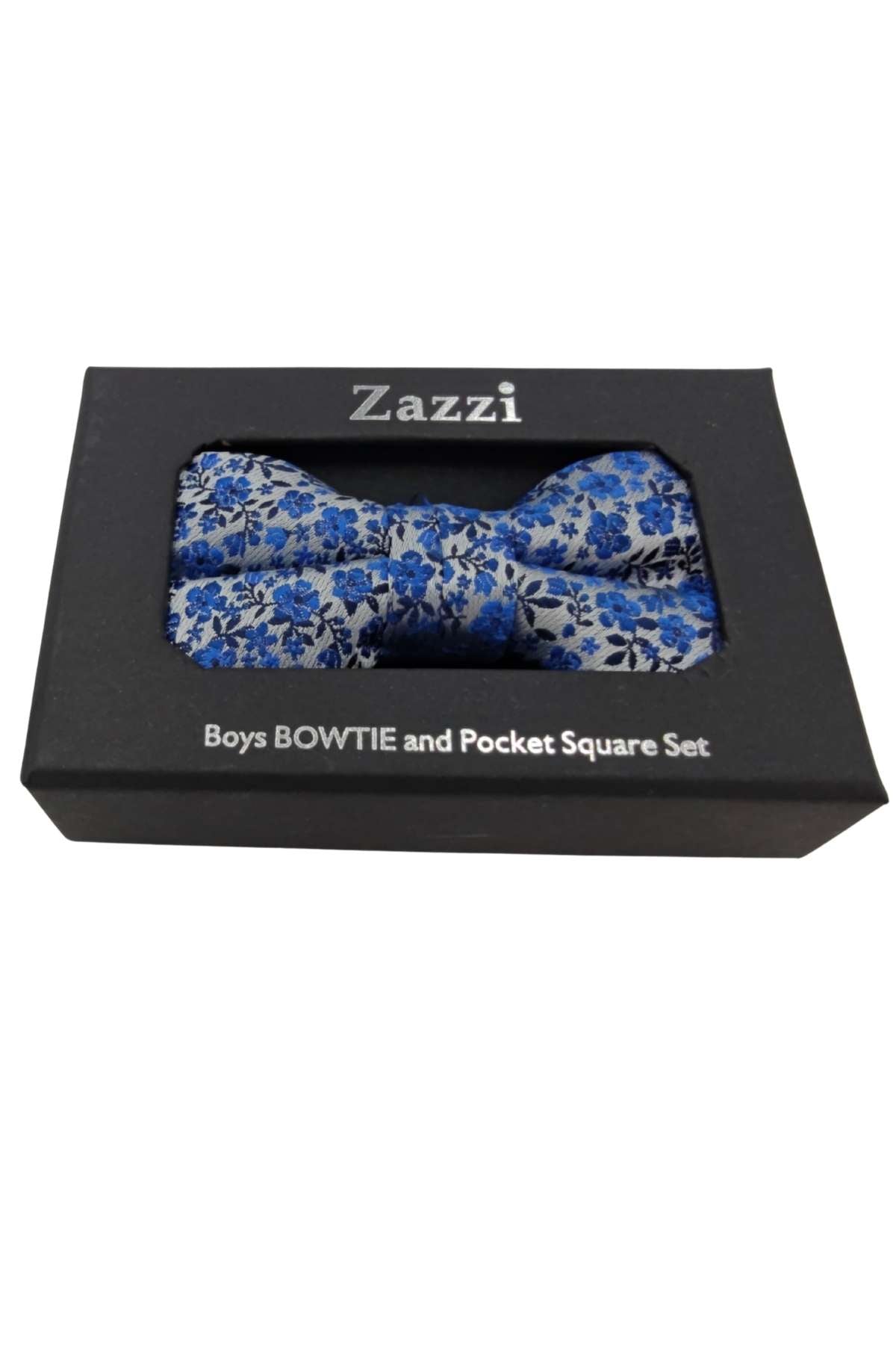 Zazzi boys bowtie and pocket square set in a black box on a white background