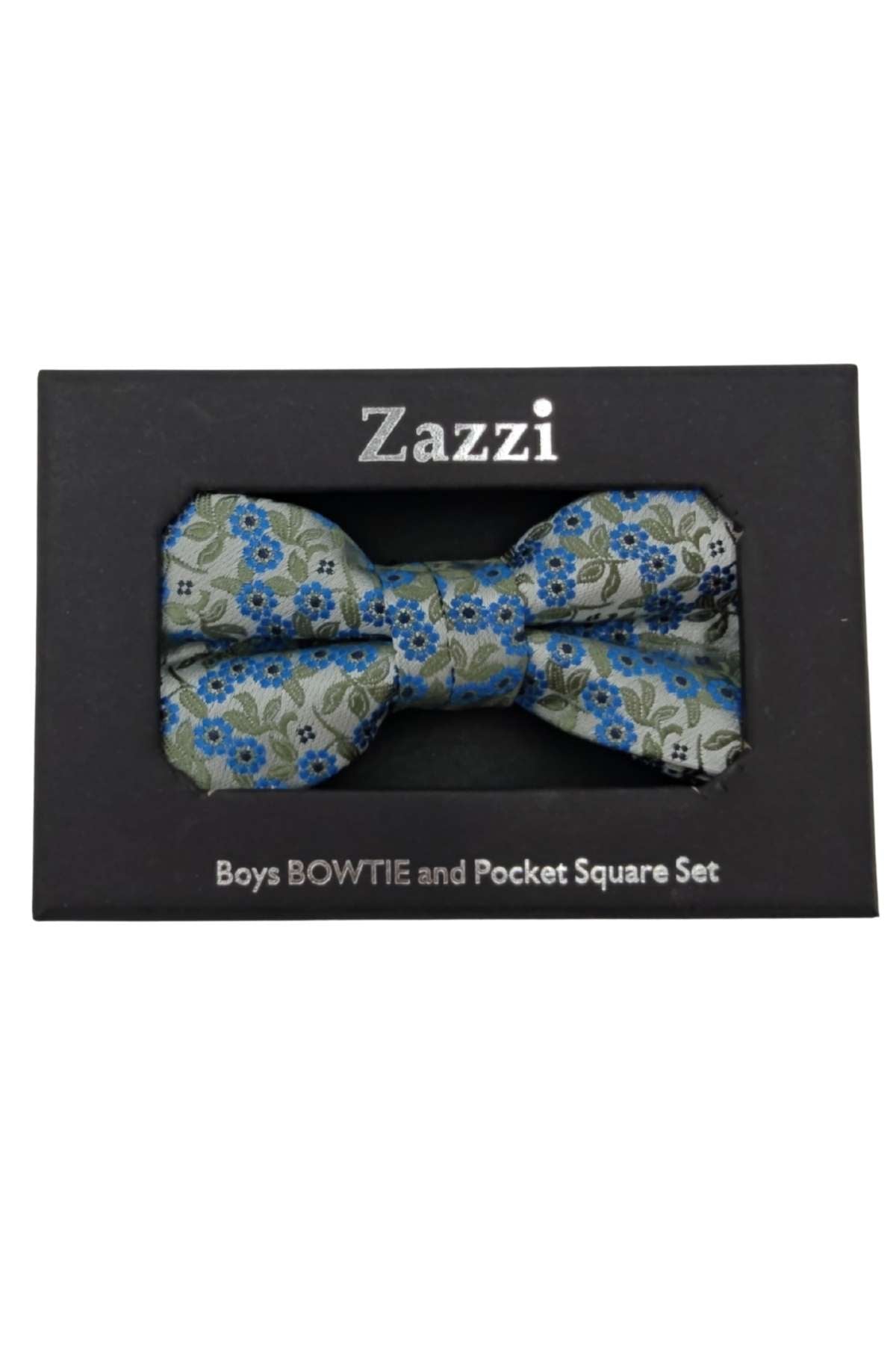 Floral bow tie and pocket square set in Zazzi packaging on a white background