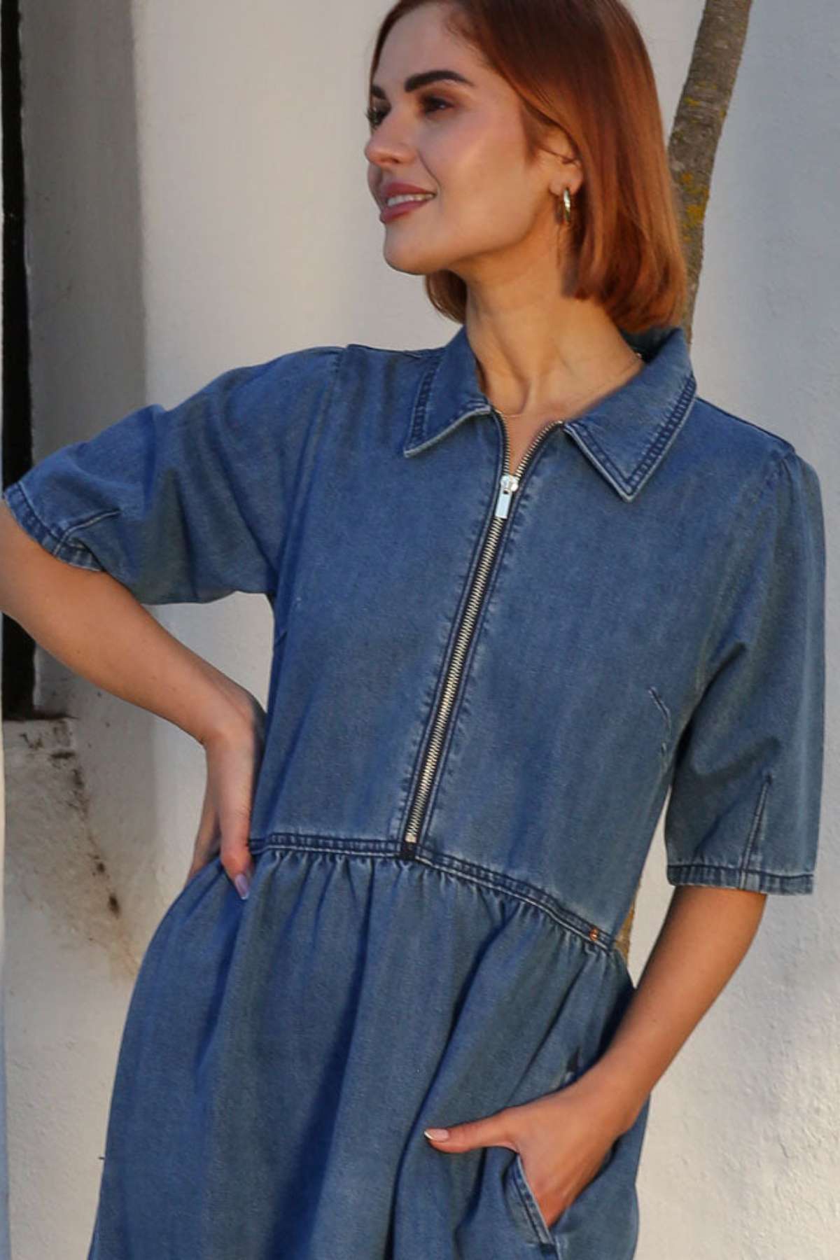 Ladies Jade Mid Blue Dress-Closer View