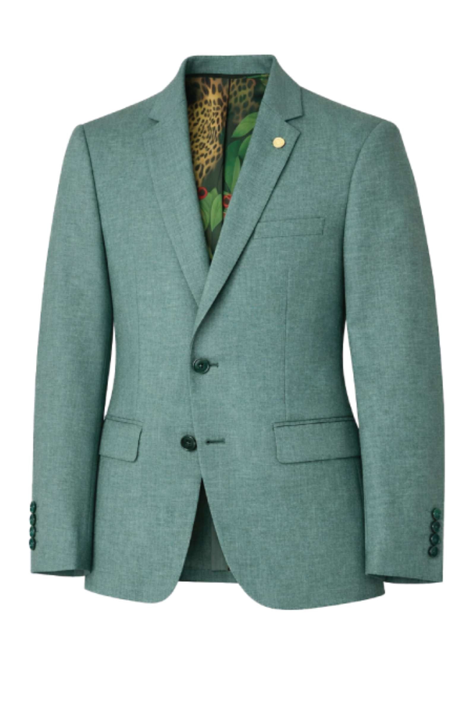 Green blazer with a patterned lining underneath on a white background