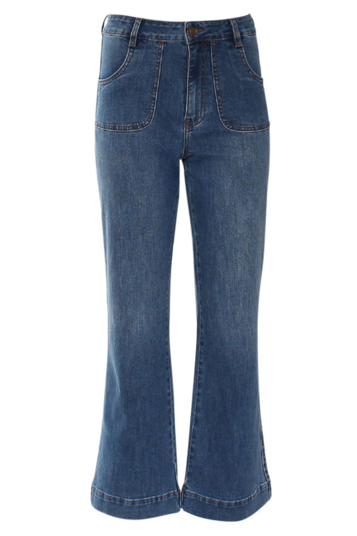 Ladies Janette Wide Leg Mid Wash Jean-Ghost Front View