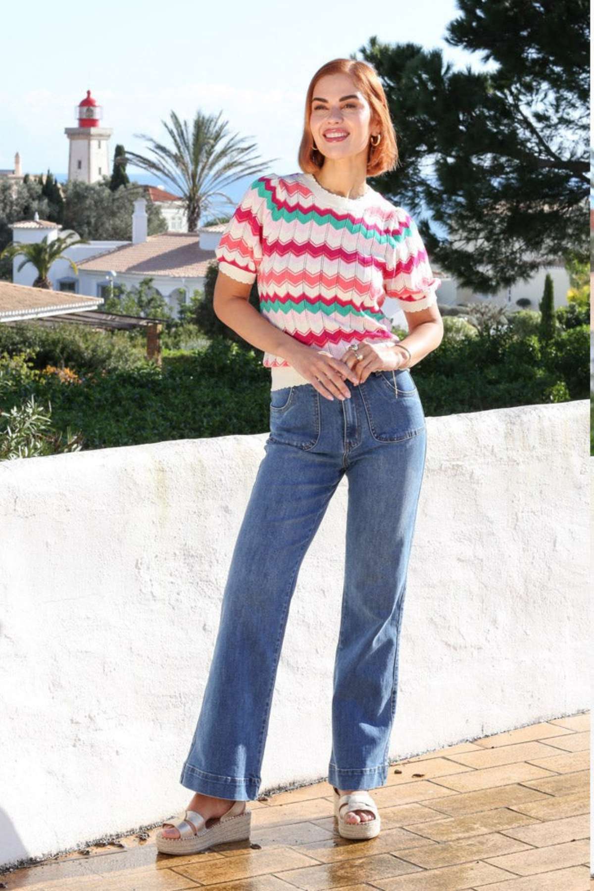 Ladies Janette Wide Leg Mid Wash Jean-Model Full Front View