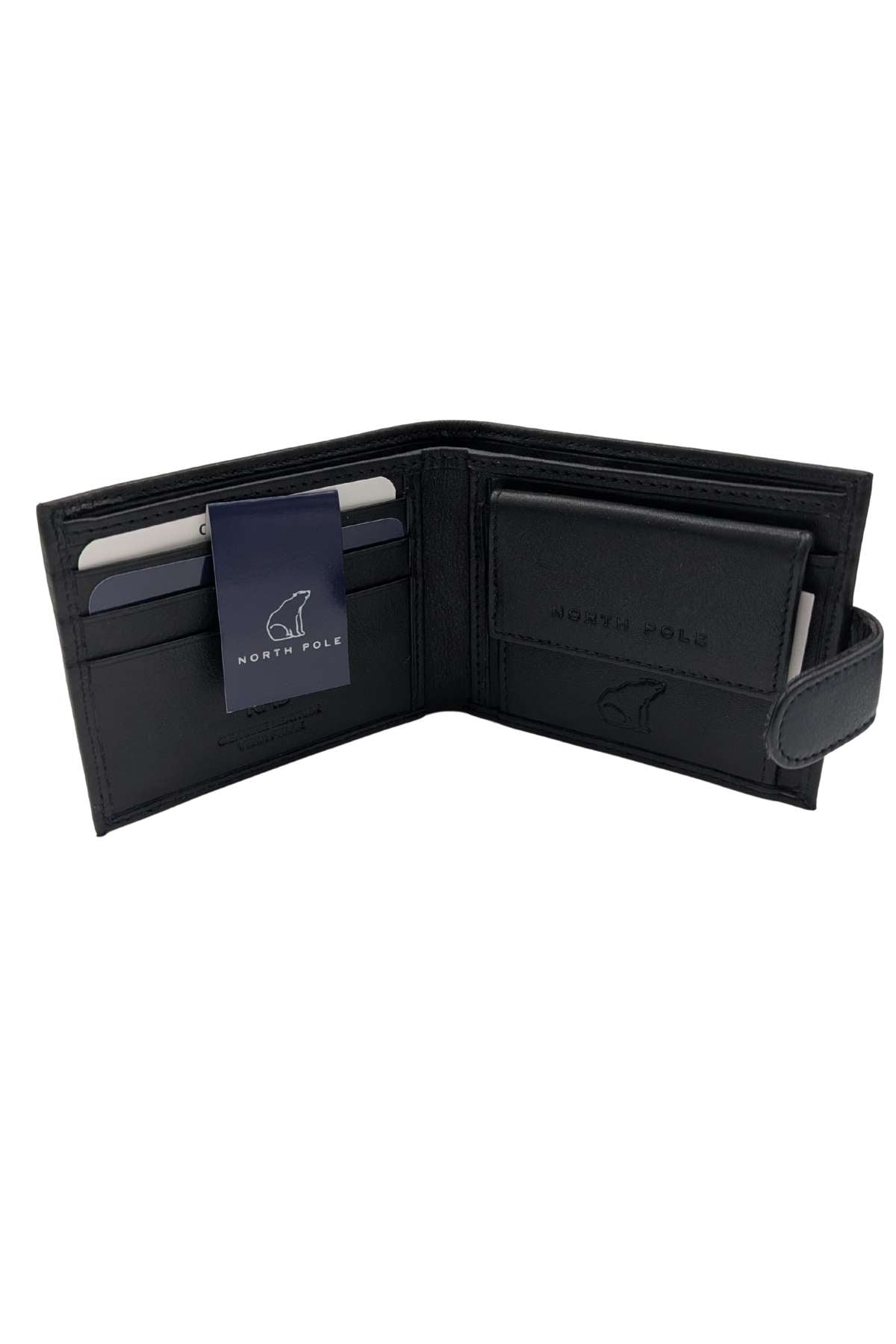 Open black men's leather wallet with card slots and coin pocket