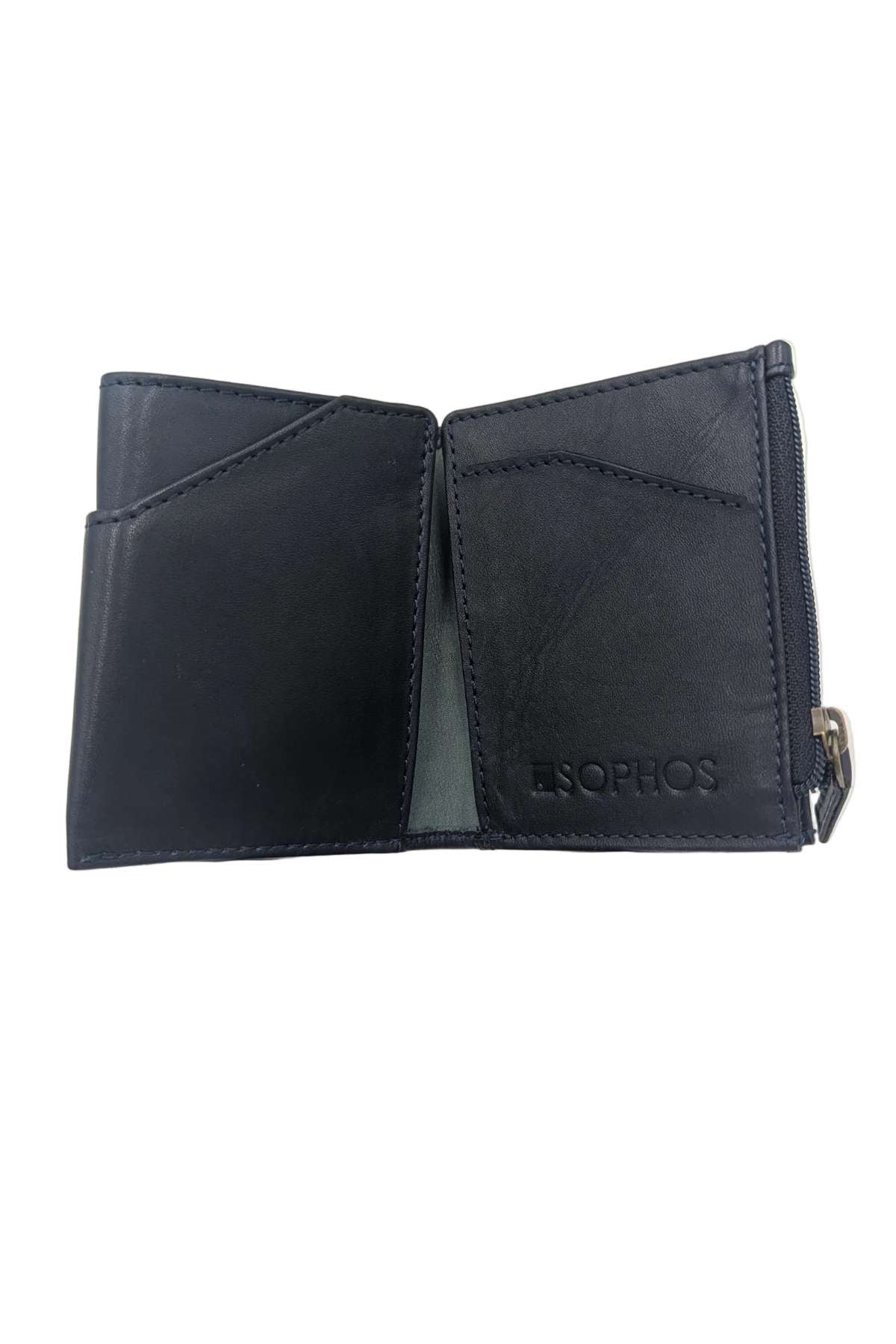 Open navy men's wallet with card slots and zip pocket