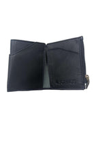 Open navy men's wallet with card slots and zip pocket