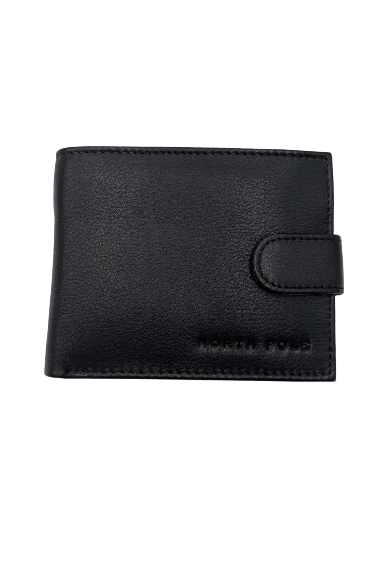 Closed black men's leather wallet with strap closure