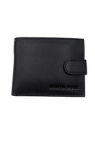 Closed black men's leather wallet with strap closure