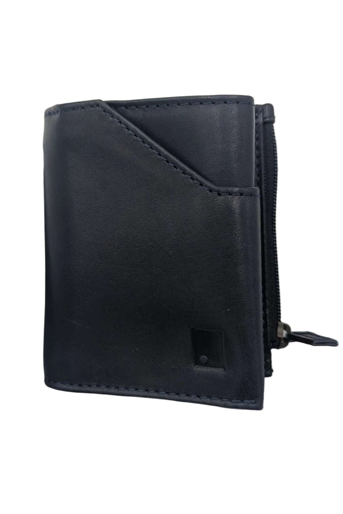 Closed navy men's wallet with zip section
