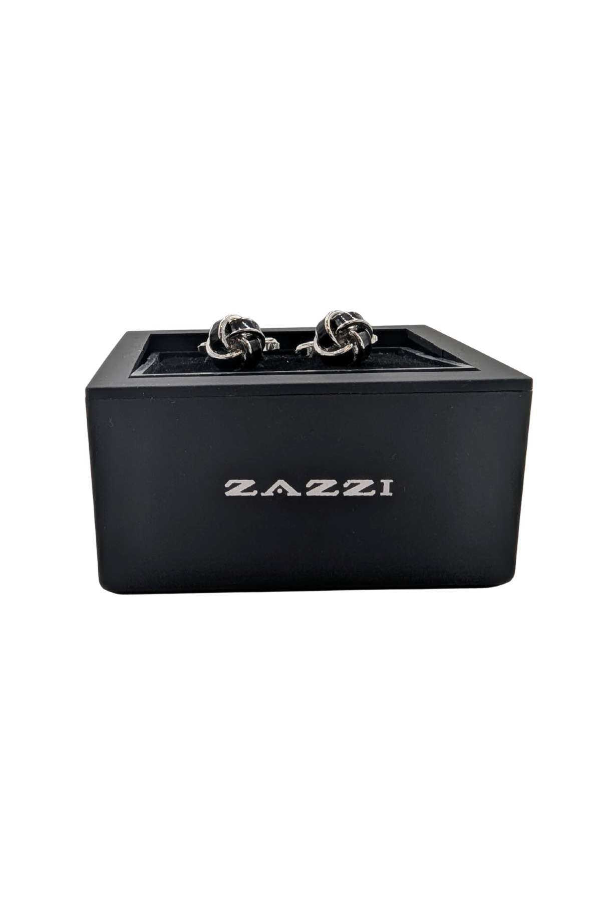 Men's Silver/Black Knot Cufflinks-Box Opened View
