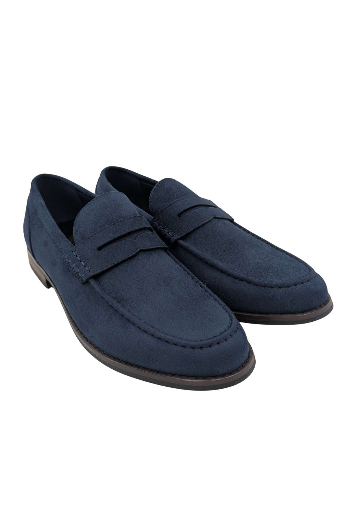 Pair of blue loafers on a white background