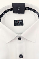 Men's White Body Fit Tuxedo Shirt With Black Buttons-Collar View