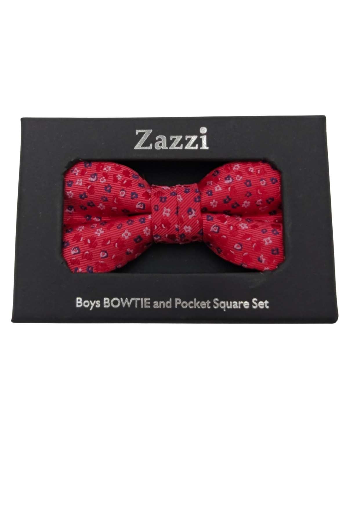Red bow tie with black pattern in Zazzi packaging on a white background