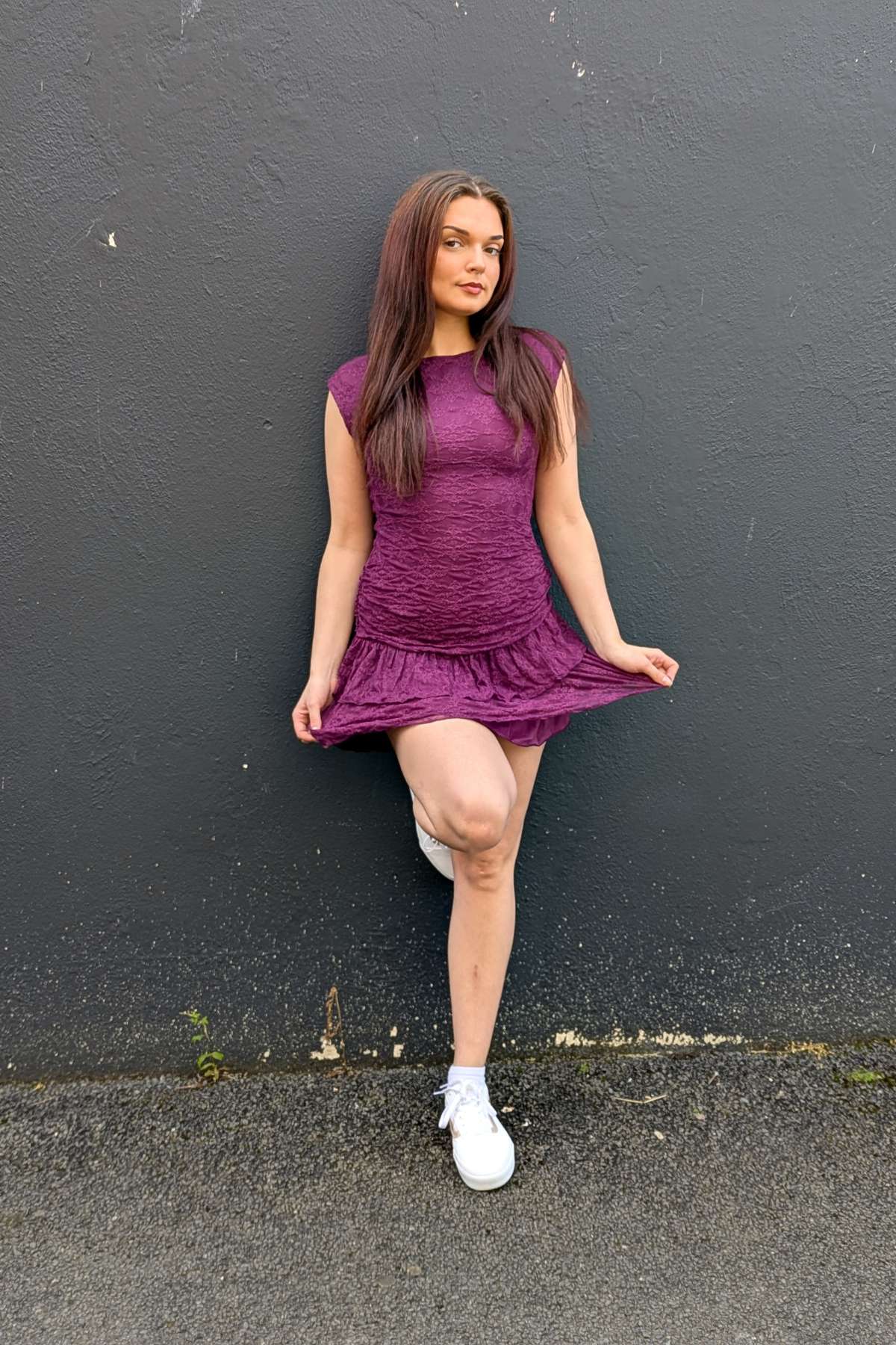 Laura in the Burgundy Lace Mini Dress