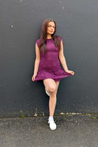 Laura in the Burgundy Lace Mini Dress